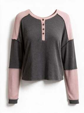 Moa Moa Women’s M Charcoal Mauve Color Block Henley Top Ribbed Sleeves USA